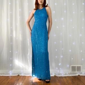 Scala Vintage Y2K 100% Silk Aqua Blue Beaded Halter Maxi Gown Formal Dress M